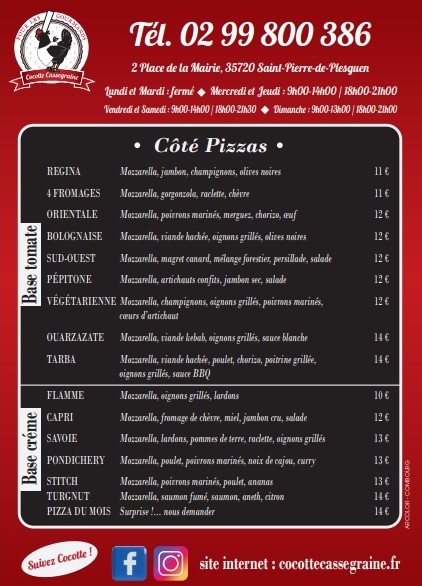 carte des pizzas cocotte cassegraine restaurant st pierre de plesguen